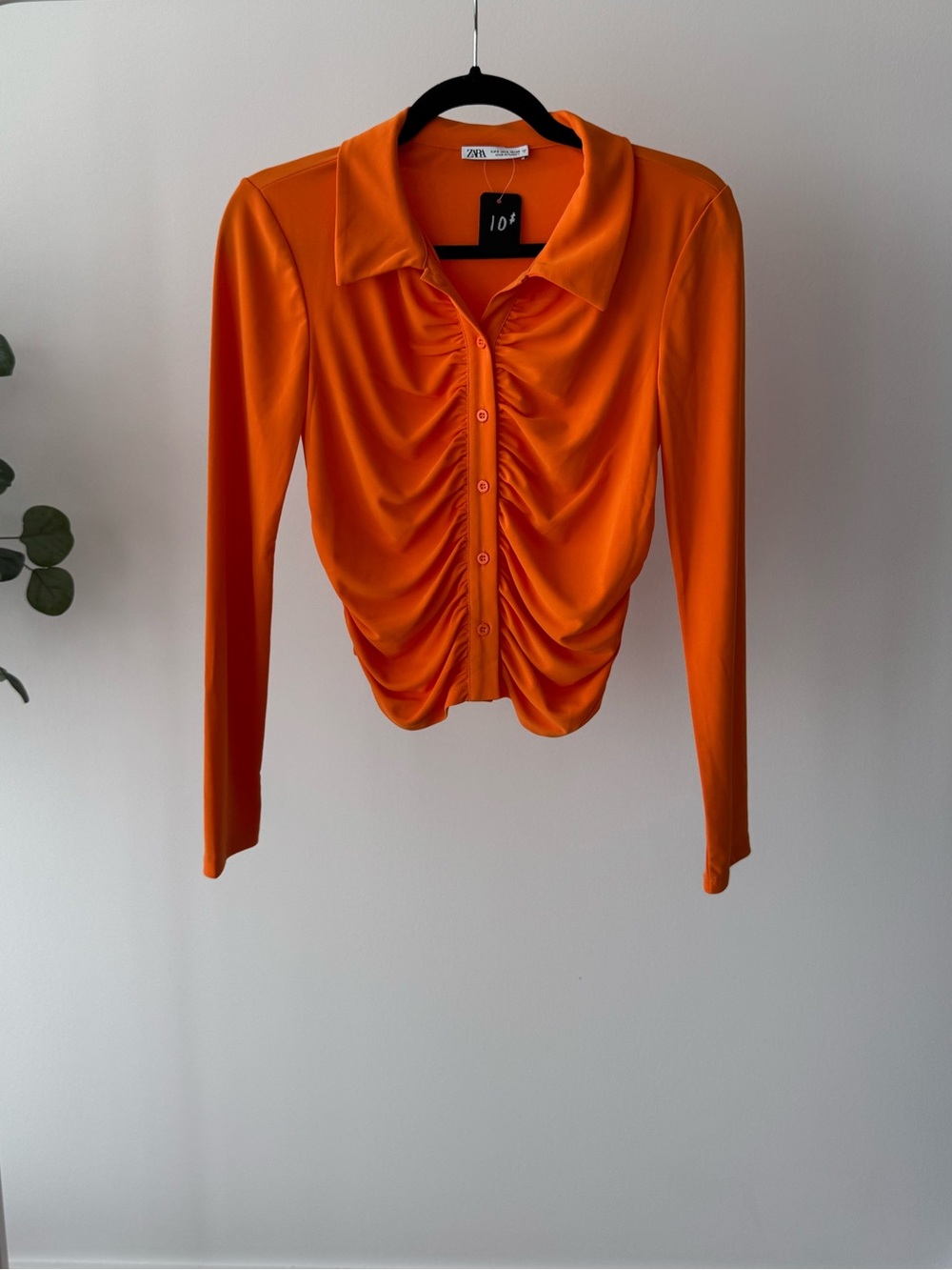 Zara Bright Orange Ruched Button-Down Long Sleeve Shirt